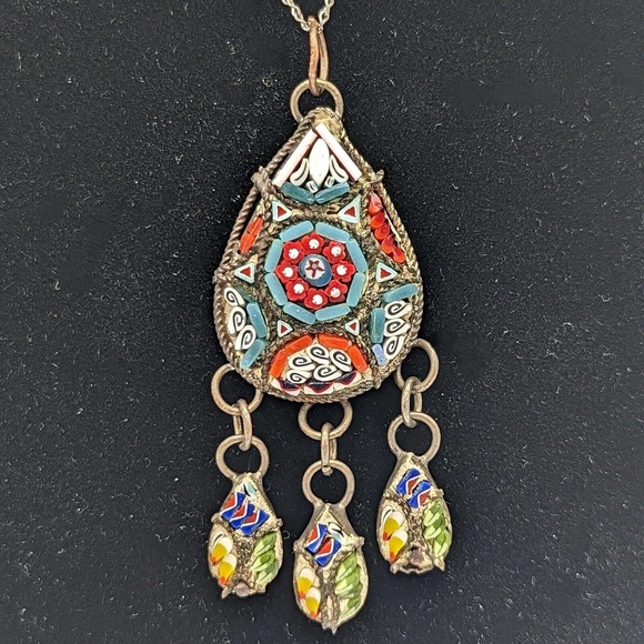 Unknown Jewelry - Antique Italian Micro-Mosaic Silver Pendant Lavalier Necklace w Sterling Chain